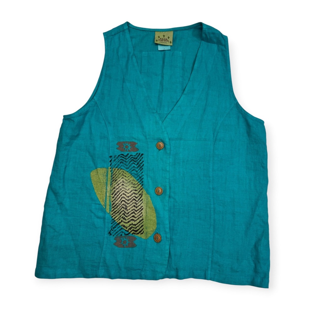Blue Cactus Linen Vest Womens Small Teal Blue Abstract Graphic Cat Made in USA